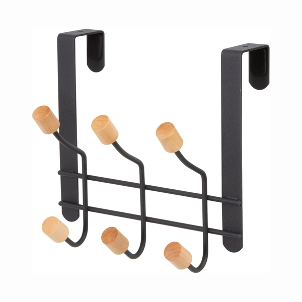 Black Steel Over The Door 6 Hook Storage Rack Organiser with Wooden Tips