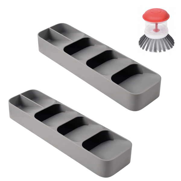 Space Saving Cutlery Organiser with Soap Dispensing Scrubber Brush - 2-Pack