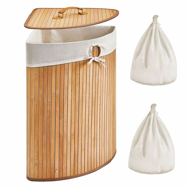 Corner Bamboo Laundry Basket with Lid and Removable Liner Corner Hamper