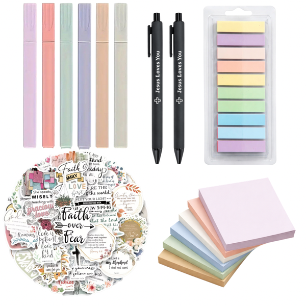 Bible Study Journaling Kit - Highlighters, Sticky Notes, Stickers, Bookmark