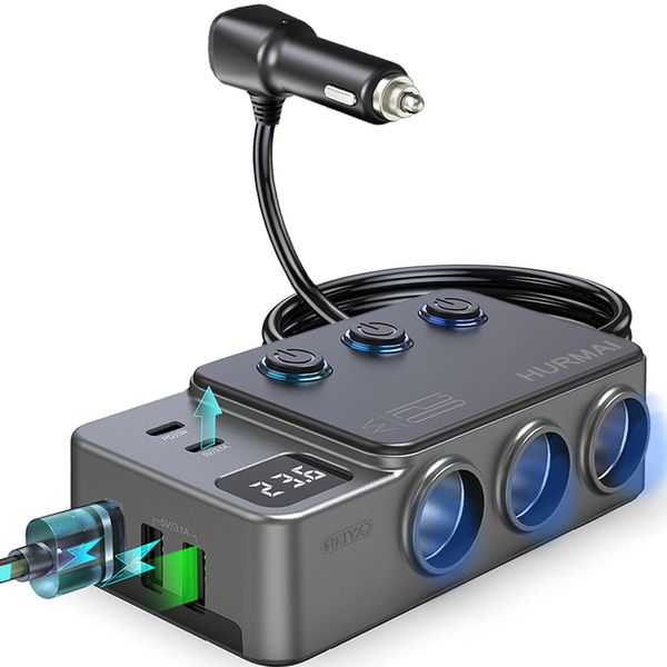 120W Car Charger Splitter with PD Fast Charge, 3 Sockets &amp; 5 USB Ports