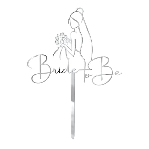 Bride to Be Cake Topper - Elegant Silhouette Engagement Cake Decor - Silver