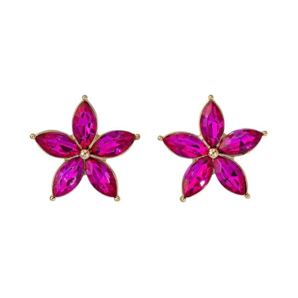 Five-Petal Crystal Flower Stud Earrings With Gold-Tone Setting - Emerald