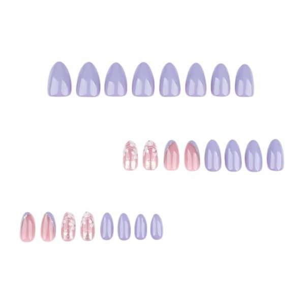 24-Piece Short Almond Press On Nails With Flower &amp; Glitter Accents - Lilac