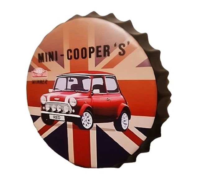 Mini Cooper Vintage Style Metal Bottle Cap Sports Bar Decor Sign