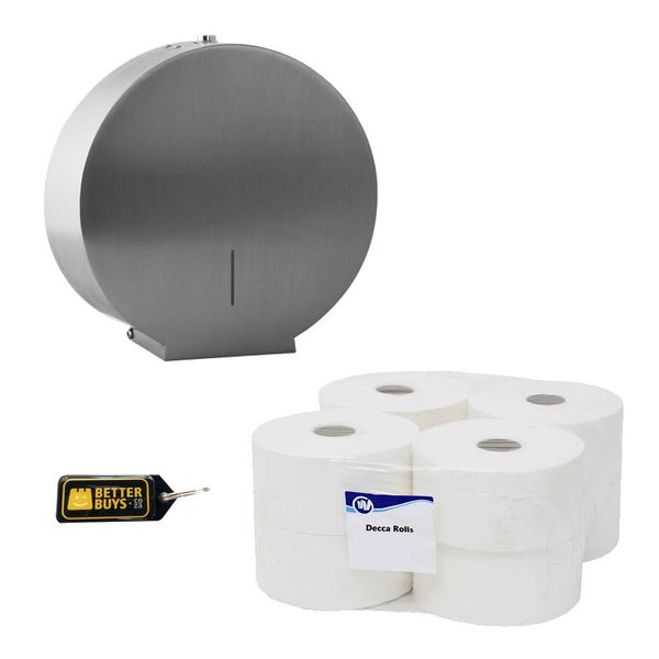 Decca Roll Hand Paper Towel Rolls x 8 &amp; Dispenser-Stainless Steel &amp; Keyring
