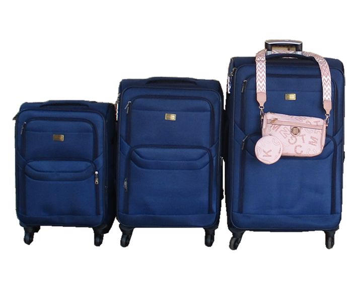 3-Piece Fabric Spinner Luggage Set with Side Bag - Navy &amp; Pink