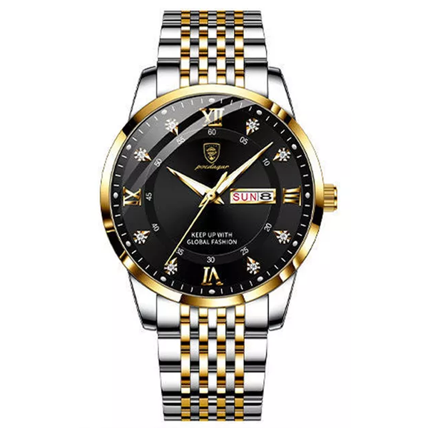 Poedagar Formal Silver with Black &amp; Gold Stainless Steel Men's Watch