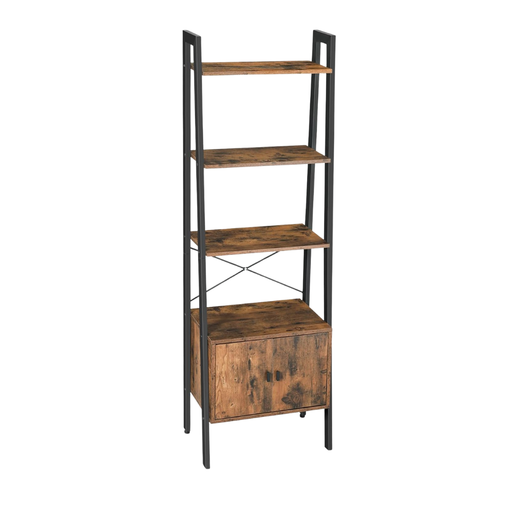 Bragg 4-Tier Ladder Storage Shelf with Cabinet, Brown