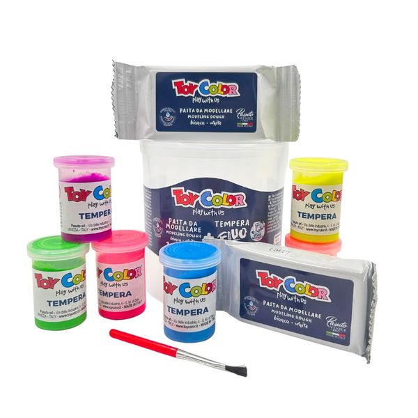 Toy Color - Air-Dry Modelling Clay Art Kit - 200g + 6 Fluo Tempera Paints