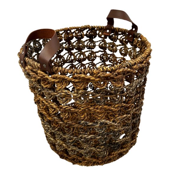 Basket with Leather Handles | Open-Weave Water Hyacinth