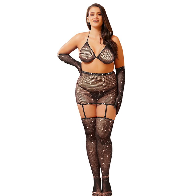 Plus Fishnet Rhinestone BodyStocking Lingerie - Clothing