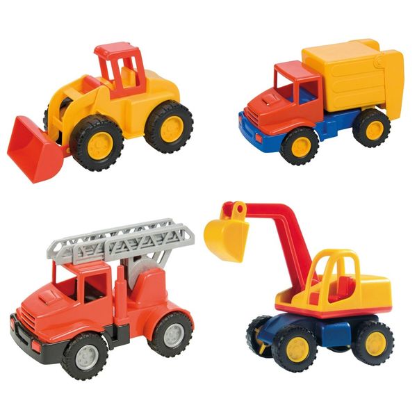 LENA Toy Trucks Set: Garbage Truck, Fire Truck, Digger &amp; Earthmover - 12cm