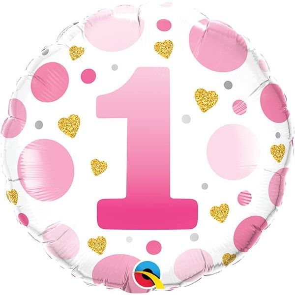 18 Inch Foil Round Age 1 Pink Dots