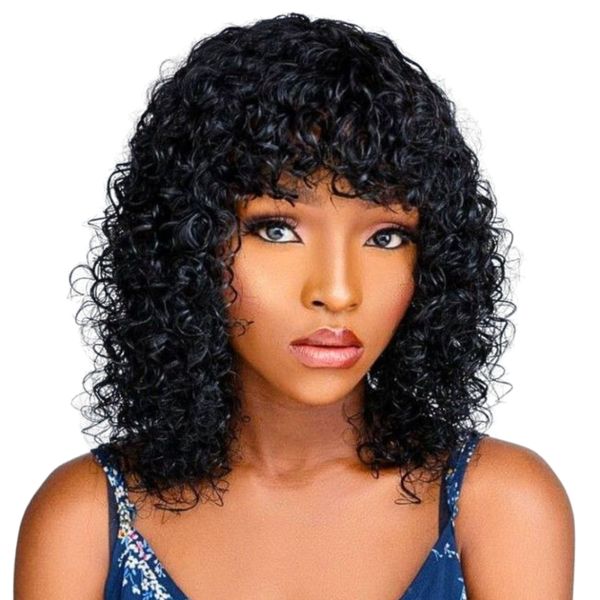 12 Inch Curly Brazilian Human Hair Wig with Fringe - Natural Black