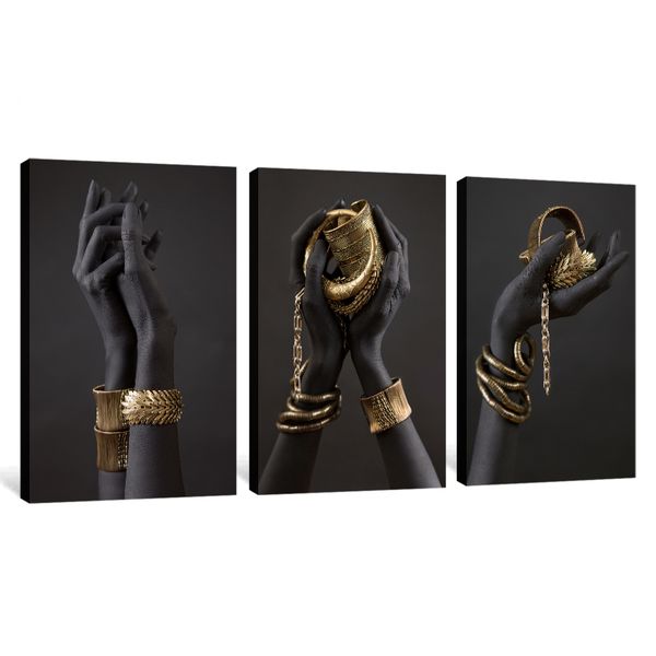 Canvas Art - African Black Woman 3-Piece Hand Gold Jewelry Canvas Wall Art