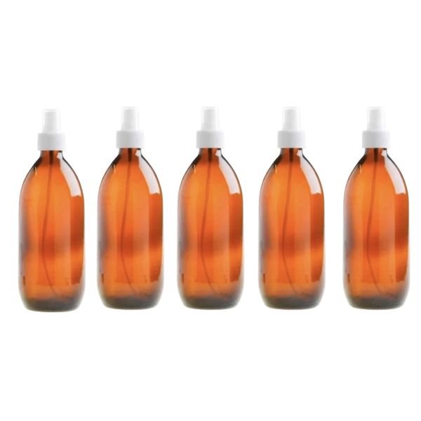 5 Pack 500ml Amber Spray Bottles with White Mist Spray Nozzles