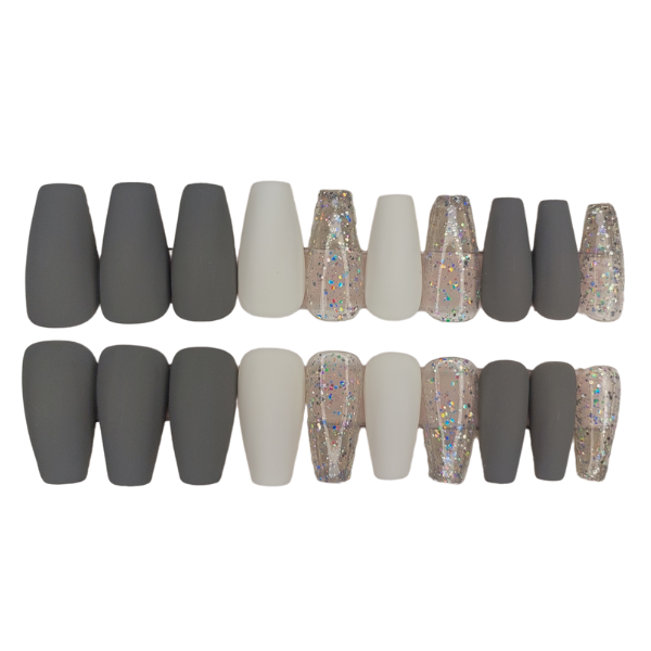 Luxury Press On Nails - Medium Coffin Grey &amp; Sparkle Set - 20 Piece