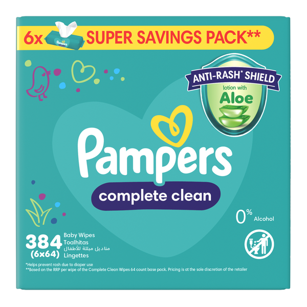 Pampers Complete Clean Baby Wipes - 384 Wipes, Anti-Rash Shield