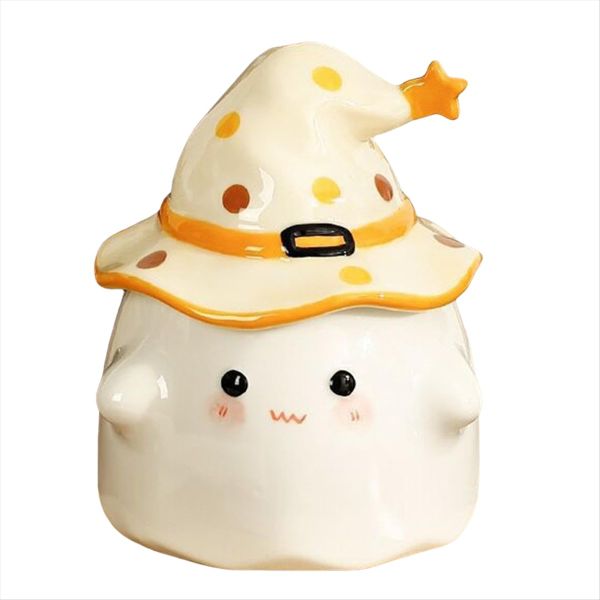 Cute Ghost Face Mug With Witch Hat Cover Halloween Tea Cup Yellow