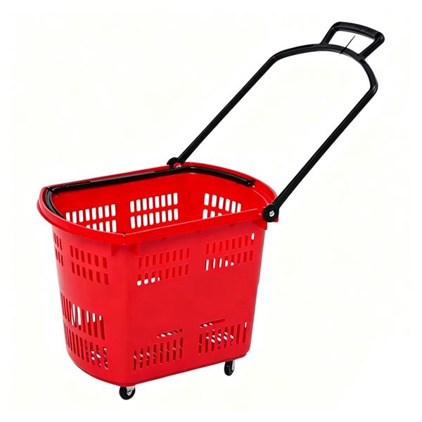 35L-Plastic Shopping Basket With Handle And Wheels-Red