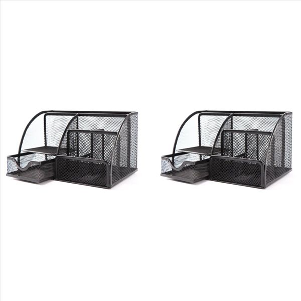 Mesh Desk Organizer Pen Holder With 6 Cells &amp;Drawer Office (1 Pcs)