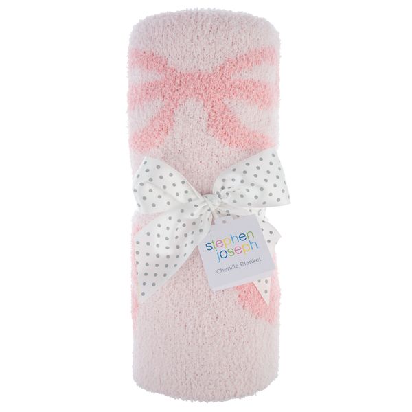 Stephen Joseph Chenille Blanket- Soft Reversible Pink Bow