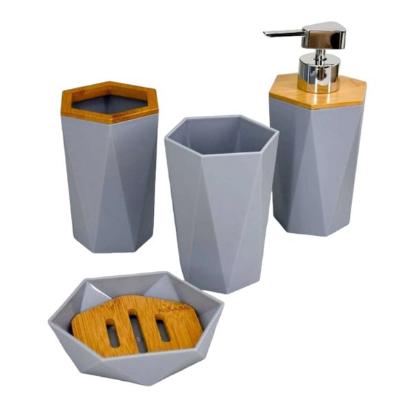 Bathroom Set 4 Pieces Plastic/Bamboo Soap Dispencer&amp;Holder&amp;Gargle Cup Grey