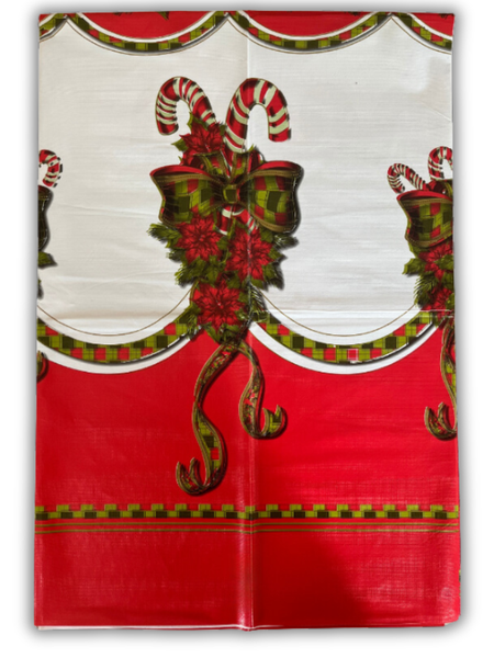 Christmas Vinyl Tablecloth with Candy Canes &amp; Flowers - Decor - 6-8 seater