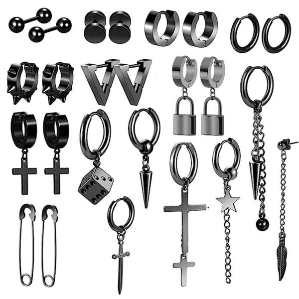 Punk Style Black Earrings Set - 25 Piece Stainless Steel Earring Collection
