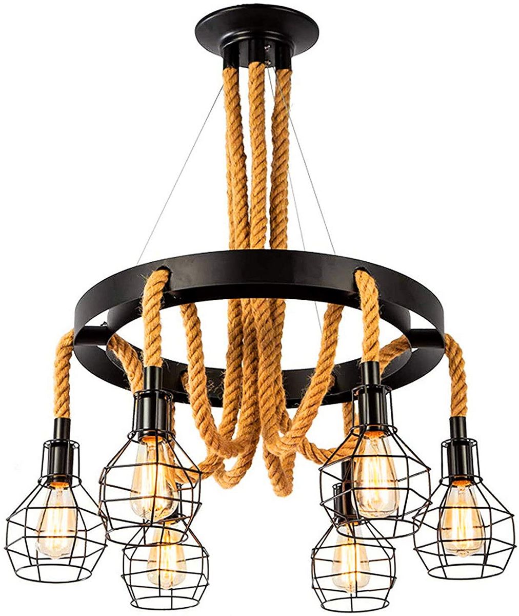 JNC-Retro Hemp Rope Chandelier 6 Lights