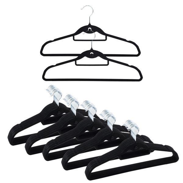 Anchor 50 pack Black Non-Slip Velvet Space Saver Flocked Hangers with Hook