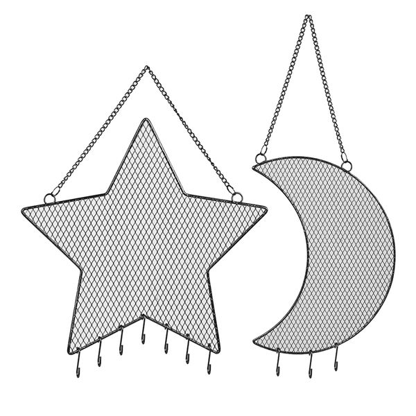Metal Grid Star &amp; Moon Shape Wall Hanging Necklace Earring Organizer