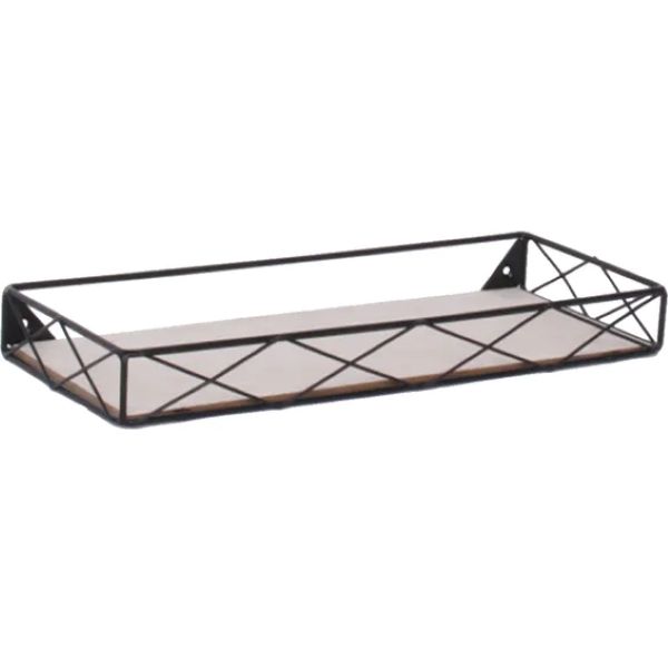 Metal Shelf Rectangle Tray Shaped Black with Wood W400mm