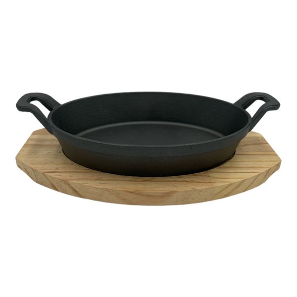 Remarkable Cast Iron Dish Oval Shaped with Wooden Board - 24 x 17 x 4.5cm