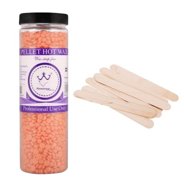 Pellet Hot Hair Removal Wax Beans Orange &amp; 1x Wooden Wax Spatulas 100