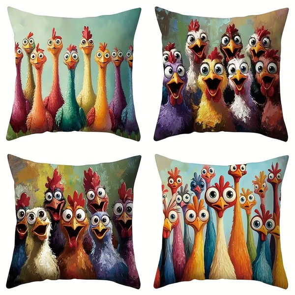 Set of 4 Funny Chicken Pillow Covers - Colourful Cartoon Farm Design