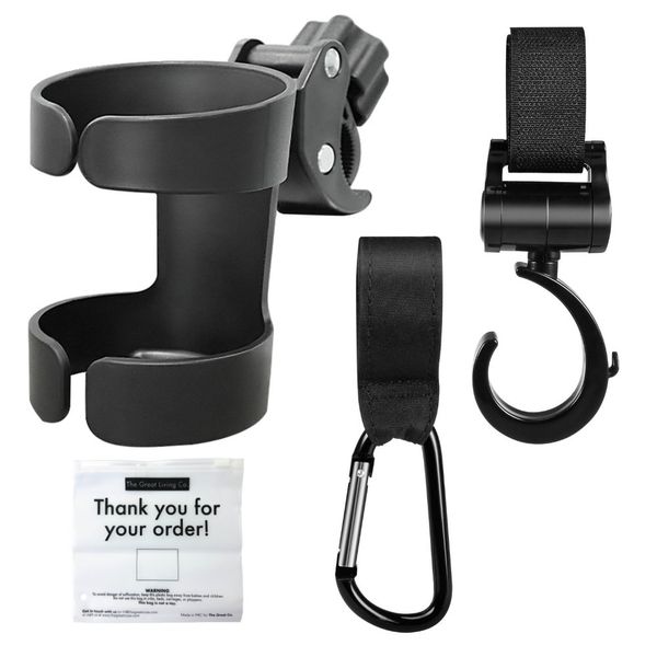 Universal Stroller Cup Holder &amp; Hooks Set with Reusable Bag 4-Piece Kit