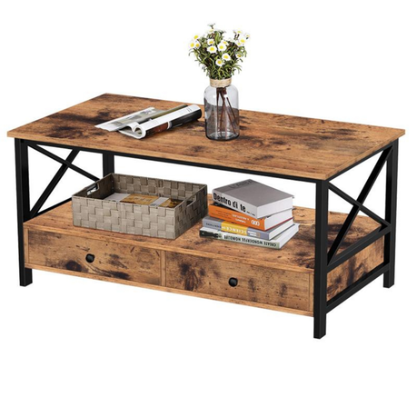 Wood Metal Coffee Table With Drawers, Wood And Metal Side Table With Storage
