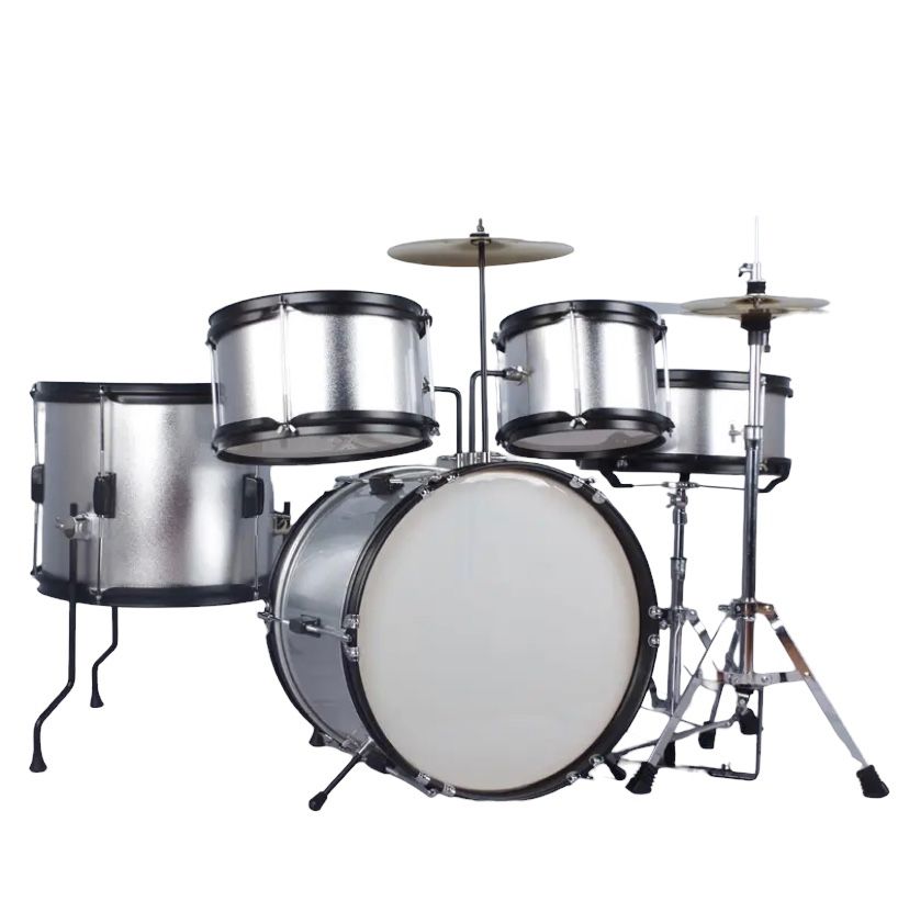 Silver 7 Piece Junior Drum Set Including Drum Sticks and Drum Stool