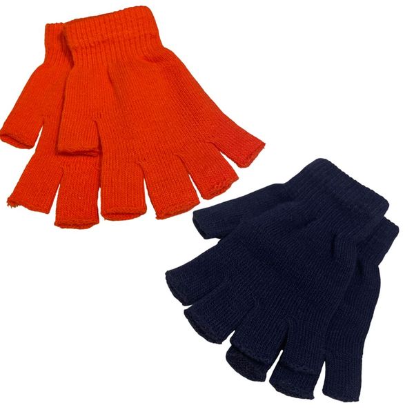 Women Fingerless Gloves Set Of 2 Pair/Orange&amp;Navy