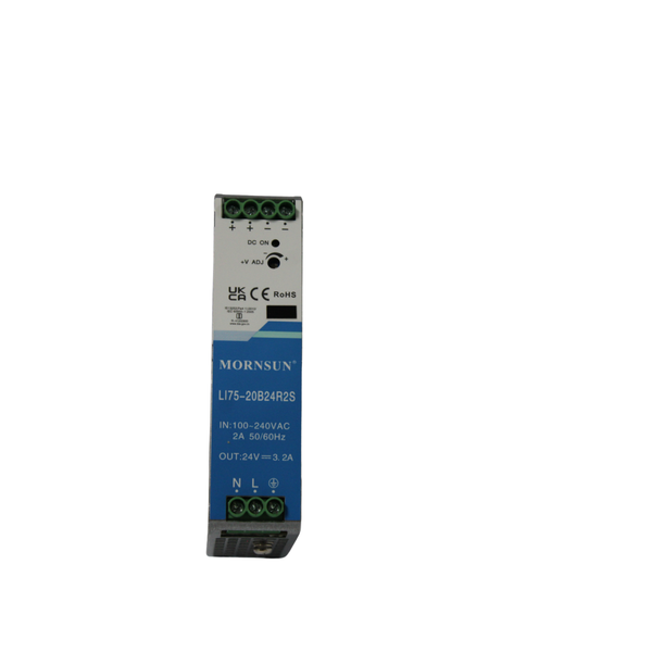 LI75-20B24R2S: 76.8W 24V/3.2A Slim DIN Rail AC/DC Supply, 4KV Isolation