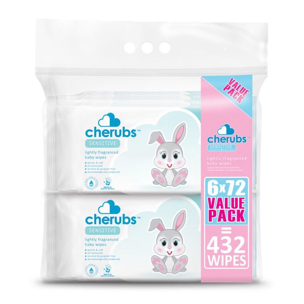 Cherubs - Sensitive Lightly Fragranced Baby Wipes - (6 x 72's) - Blue