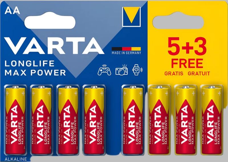 Varta Longlife Max Power Alkaline AAA Batteries - 8 Per Pack