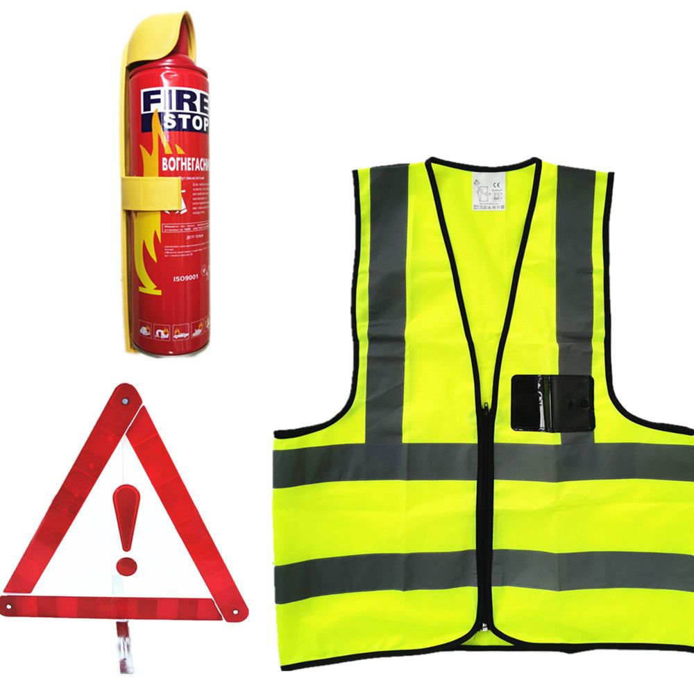 High Visibility Reflective Vest + Fire Extinguisher + Warning Triangle