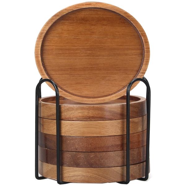 6 Pack Wooden Drink Coasters With Holder For Cups Barware Coffee Cups Mugs