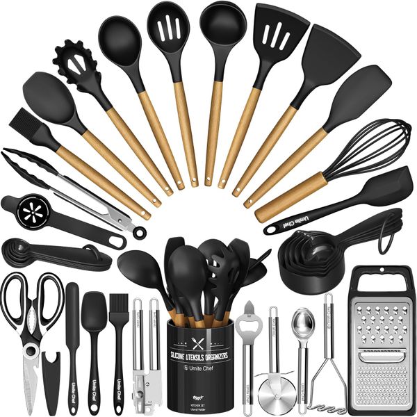 Kitchen Utensils Set - Silicone Cooking Utensils Set Spatula Set - Black - 44 Piece Set