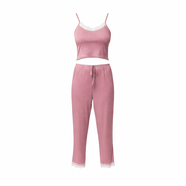 Ribbed Lace Trim Two-Piece Pajama Set - Pink
