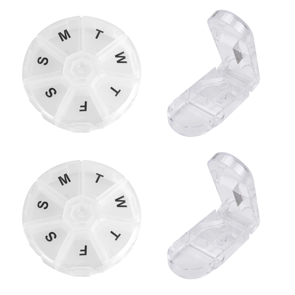 Portable Daily Pill Organiser Box and Dispenser + Pill Cutter - 2 Pack