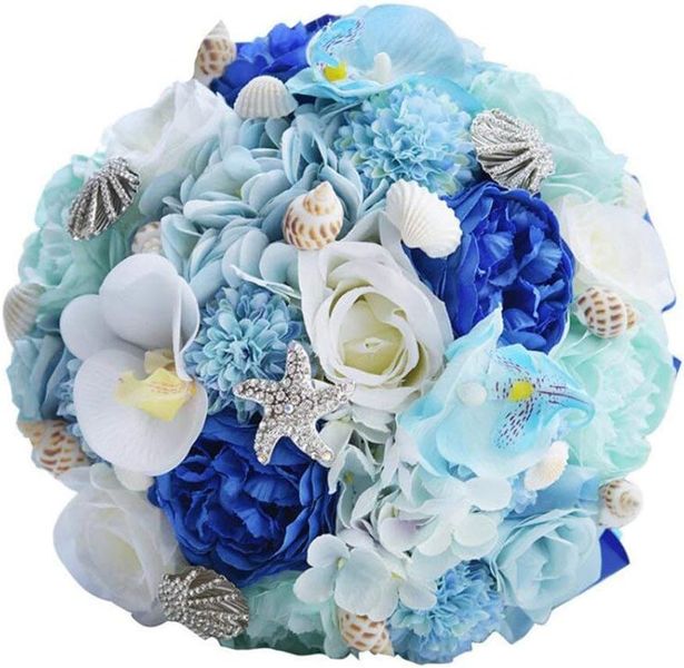 Blue Seashell Silk Rose Hydrangea Bridal Bouquet Beach Wedding Decor